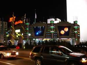 The flashy exterior of the Sands Atlantic City at night.